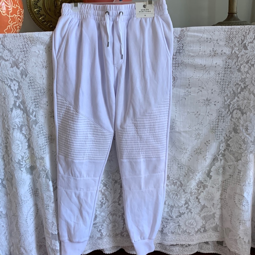 Brand new men’s Urban Heritage moto style joggers. White medium.
